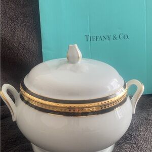 Tiffany & Co. White Porcelain Covered Soup Tower Bowl with Black and Gold Bands